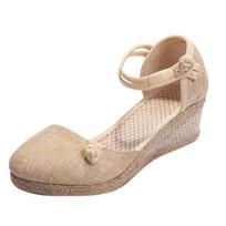Moteriškos šiaudinės kanapinės virvės sandalai Retro lininiai drobiniai pleištai, apvalūs kasdieniai sandalai Vienviečiai batai Elegantiški sandalai uždaru pirštu 34 smėlis