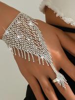 Full Diamond Beaded Finger Ring for Women, Light Luxury Sparkling Back Chain, Party & Evening Gown Jewelry