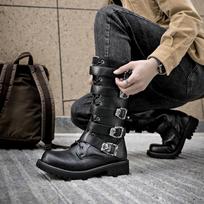 Madingi vyriški punk/gotikiniai baikerių batai, aukšti su dirželiais ir sagtimi, šoniniu užtrauktuku, jojimo batai Cosplay kostiumui, pasirodymui, patogūs, juodi 37 juoda