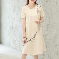 Fashion Women Summer Short Sleeve  Knee Length Printing Dress L smėlis