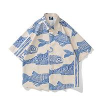 Summer Male Loose Short Sleeve Shirts Contrast Color Fashion Printed Funny Tops Turn-down Collar T-shirts Button Down Soft T-shirt M