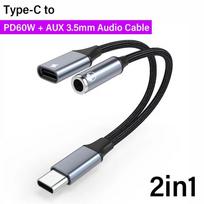 C tipo į 3,5 mm PD 60W USB AUX kabelio keitiklis su 2 viename ausinių lizdo adapteriu Garso kabelis, skirtas Xiaomi Huawei ausinėms black