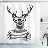 Hipsterio elnio dušo užuolaida su kabliukais – Monochrominis eskizas, akiniai ir dryžuoti marškiniai, Juokingas gyvūno portretas, Vonios kambario dekoras 90x180cm35x71in