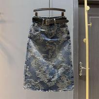 Women's Retro High Waist Jacquard Denim Midi Skirt, 2025 Autumn Collection - Loose, Straight, Hip-Hugging Design L (105-115 jin)
