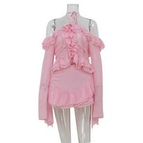 Women's Summer New Fashion Temperament Flared Sleeves Fungus Edge Top Design Short Skirt Set S rožinė