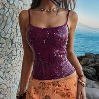 Kai Kuo Women’s Y2K Style Sequin Camisole: Sexy European & American Vacation Top - Spring 2026 Arrival M vyno raudonos spalvos