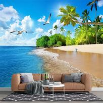 Tropical Sea Backdrop Wall Mural Beach Villa Terrace View Wallpaper Blue Ocean Island Sailing Boat Palm Trees Mural 200 cm(W) x 140 cm(H)