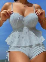 2024 Seksualus Vienspalvis Push-Up Tankini Rinkinys Su Petnešėlėmis Kraštas Maudymosi Kostiumas Moterims Aukštas Juosmuo Maudymosi Kostiumai Atviras Nugara Paplūdimio Maudymosi Kostiumas Balti Bikini L mėlyna