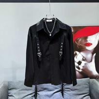 Men's Black Hip Hop Style Shirt With Grommet Straps Long Sleeve Casual Top S juoda
