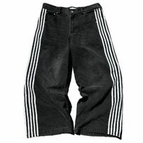 Baggy Jeans Harajuku Goth Y2k džinsai vyrams juodi dryžuoti nauji hiphopo siuvinėti plačiomis kojomis džinsinės kelnės High Street gatvės apranga L juoda