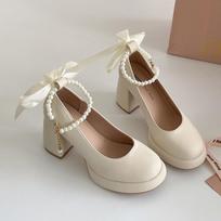 Popular retro white French high-heeled small leather shoes women's 2025 new summer skirt high-end Mary Jane shoes 34 smėlis