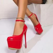 Madingi rožiniai stiletto aukštakulniai bateliai moterims didelio dydžio itin aukšto kulno batai moteriški blizgios odos čiurnos sagties vakarėlio batai 35 raudona