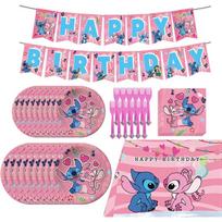 Rožinis Lilo ir Stitch gimtadienio šventės reikmenų rinkinys, Rožinės temos šventės dekoracijos ir dovanėlės, apima „Happy Birthday“ vėliavėlę, staltiesę