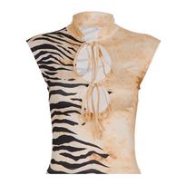 Spicy American Girl Animal Print Lace-up Sexy Slim-fit Color Block Vest Large chaki