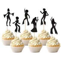 24PCS 70's Disco Cupcake Toppers Black Glitter 70s Disco Dancing Cupcake Picks 80's Disco Dancer Music Cake Decorations