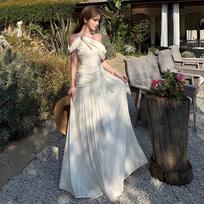 French One-word Shoulder Straps Diagonal Shoulder Birthday Dress Long Dress Summer High-end Vacation Beautiful Dress S