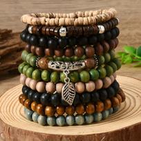 10 vnt./5 vnt. Bohemiško stiliaus rankų darbo mediniai karoliukų apyrankės, Poros apyrankių dovanų rinkinys, Unisex 10 Pcs Bracelets A brown