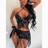 Naujas vasaros tvirtas trijų dalių maudymosi kostiumėlių komplektas, moteriškas bikinis, blizgus blizgučiai, seksualus kutas, 3 dalių kostiumas, madingas, plonas, apkaustytas maudymosi kostiumėlis, bikinio rinkinys 24331 L raudona