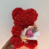 Handmade Rose Bear with Bouquet - 25cm Foam Bear Gift for Qixi Festival & Birthdays Bare Bear with OPPO Bag raudona