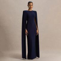 Elegantiškos moteriškos formalios vakarinės suknelės su aukštu skeltuku ir platėjančiomis rankovėmis, ilgos su apsiausto tipo rankovėmis, vestuvių svečių, kokteilio, oficialių vakarėlių ilgos suknelės moterims L tamsiai mėlyna spalva