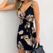 Women Fashion Sexy V-neck Print Lace-up Dress Sling Dress Backless Dress L juoda