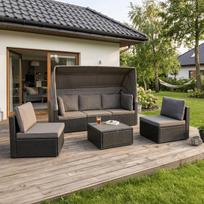 CALIENTE sodo baldų komplektas: modulinė sofa, 2 foteliai, terasos stalas, juoda/ruda, modernus technoratanas