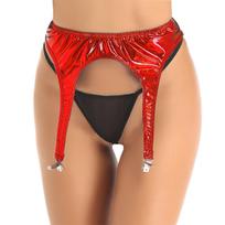 Spandex Womens Shiny Glossy Appearance Hologram Metallic Suspender Clips Stretchy Garter Belt One Size raudona