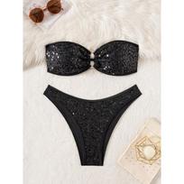 Blizgūs blizgučiai Bandeau Bikini Moteriškas maudymosi kostiumas Moteriški maudymosi drabužiai Dviejų dalių Bikini rinkinys Brazilijos maudymosi kostiumas Maudymosi kostiumas Maudymosi L juoda