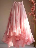 New Summer Dopamine Pink Chiffon High-Waisted A-Line Skirt with Floral Print L raudona