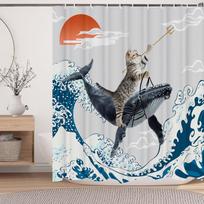Japoniška katės dušo užuolaida, Vintažinis anime saulėlydžio bangų menas, Vandeniui atsparus audinys su kabliukais W120xH180cm gray