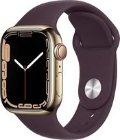 "Apple Watch Series 7" (GPS + mobilusis ryšys, 41 mm) - Auksinis nerūdijančio plieno korpusas su tamsiai vyšniniu sportiniu dirželiu (Atnaujintas)