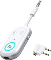 "Bluetooth 5.3" siųstuvo imtuvas, "2-in-1" belaidis lėktuvo "Bluetooth" adapteris su mikrofonu skambučiams, dviguba jungtis, 16 val. grojimo trukmė, nešiojamas ausinių adapteris lėktuvui, televizoriui, kompiuteriui, baltas