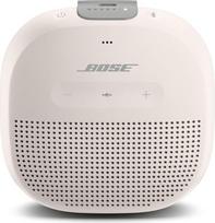 "Bose SoundLink Micro Bluetooth" garsiakalbis: Baltos spalvos, mažas nešiojamasis vandeniui atsparus garsiakalbis su mikrofonu.