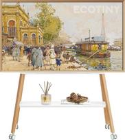 "ECOTINY Easel" televizoriaus stovas su ratukais, skirtas 49-75 colių televizoriui, stilingas metalinis rėmas ir medinė lentyna, riedantis televizoriaus stovas namams, biurui, studijai, baltas