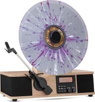 "Fuse" vertikalus patefonas su įmontuotu albumo viršelio laikikliu, vidurio amžiaus modernus vinilo grotuvas su įmontuotais garsiakalbiais ir "Bluetooth", FM radijas