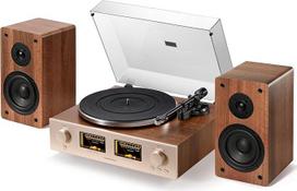 "HiFire X" patefonas su garsiakalbiais, audiofilinė HiFi patefono sistema su 100 W garsiakalbiais, VU matuokliu, DSP stiprintuvu, 33/45 aps/min, RCA LINE IN/Out