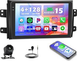 "Hikity" 4+128G "Android 15" automobilinis radijas Suzuki SX4 2006-2013 Fiat Sedici 2005-2014, 9 colių ekrano radijas su belaidžiu "CarPlay", "Android", "Bluetooth", GPS, "WiFi", "EQ", dviguba USB ir galinio vaizdo kamera