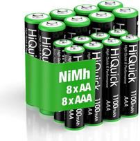 "HiQuick" 16 AA AAA įkraunamų baterijų pakuotė NI-MH 1,2 V, 8 x AA 2800 mAh baterijos ir 8 x AAA 1100 mAh baterijos, mažo savaiminio išsikrovimo 1200 Tech Mignon baterija