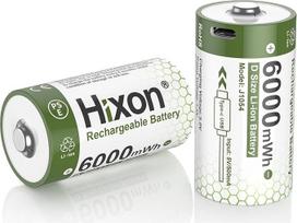 "Hixon" įkraunama ličio D baterija, 2 pakuotės 1,5 V ličio jonų D baterijos su 2-in-1 USB-C įkrovimo kabeliu, 6000 mWh įkraunamos ličio D baterijos dujinei viryklei, žibintuvėliui, prožektoriui ir vandens šildytuvui