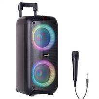 "Ibiza" - VENUS600-2x8/20 cm, 600 W akumuliatoriaus maitinamas nešiojamasis garsiakalbis su priekiniu šviesos efektu ir laidiniu mikrofonu - "Bluetooth", USB, "microSD", AUX ir MIC - juodas
