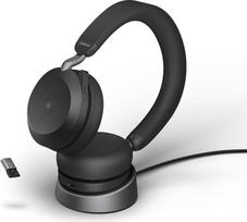 "Jabra Evolve2 75" belaidės kompiuterio ausinės su įkrovimo doku, "8 Micro" technologija - dvigubos putų stereofoninės ausinės su moderniu aktyviu triukšmo slopinimu, USB-A "Bluetooth" adapteriu ir suderinamumu su MS - juodos spalvos