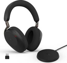 "Jabra Evolve3 85" belaidės "Bluetooth" ausinės per ausis su mikrofonu ir įkrovimo stotele biurui, USB-C, AI Voice Call, Adaptive ANC, 25 val. baterija, sertifikuota "MS Teams", juodos spalvos