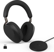"Jabra Evolve3 85" belaidės "Bluetooth" ausinės per ausis su mikrofonu ir įkrovimo stotele biurui, USB-C, AI Voice Call, Adaptive ANC, 25 val. baterija, skirtos susitikimų programėlėms, juodos spalvos