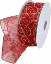 "Morex Ribbon Swirl Wired Sheer Glitter" juosta, 2-1/2 colio, 50 jardų, raudona/auksinė