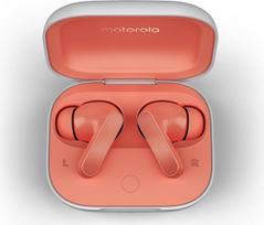 "Motorola Moto Buds" ("Bluetooth 5.3" ausinės, "Hi-Res Sound" garsas, "Dolby Atmos", aktyvus triukšmo slopinimas, belaidis įkrovimas, iki 42 valandų baterijos veikimo laikas, 3 krypčių mikrofono sistema) Koralinės persikų spalvos
