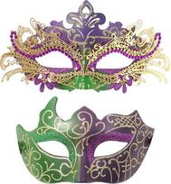 "Oidea" maskarado kaukių rinkinys poroms: Auksinės violetinės, žalios spalvos metalinės aplikacijos, karoliukai, pusės kaukės su lazdele Helovino vakarėliui, karnavalui, kostiumui, išgalvotai suknelei, dovana porai, partneriui.