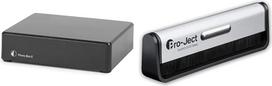 "Pro-Ject Phono Box E", Phono preampas (juodas) ir "Pro-Ject" anglies pluošto valymo šepetėlis, skirtas įrašams
