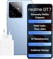 "realme GT 7" išmanusis telefonas, 5G Dual SIM, 12GB RAM, 512GB ROM, 6,8 colių AMOLED ekranas, "Dimensity 9400e Peak" mikroschemų rinkinys, 7000 mAh titano baterija, 50 MP kamera, "IceSense Blue" (įkroviklis pridedamas)