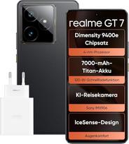 "realme GT 7" išmanusis telefonas, 5G Dual SIM, 12GB RAM, 512GB ROM, 6,8 colių AMOLED ekranas, "Dimensity 9400e Peak" mikroschemų rinkinys, 7000 mAh titano baterija, 50 MP kamera, "IceSense", juodas (įkroviklis pridedamas)