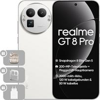 "realme GT 8 Pro" 5G mobilusis telefonas, 12 + 256GB, "Snapdragon 8850", 200 MP teleobjektyvo jutiklis, 50 MP OIS fotoaparatas, 6,78 colių AMOLED 2K 144 Hz ekranas, 7000 mAh baterija, "Next AI", IP68, baltas, pridedamas adapteris